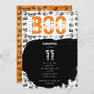 Invitación Naranja Boo Halloween Spooky Skull Cumpleaños