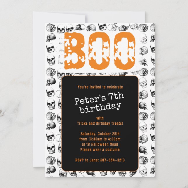 Invitación Naranja Boo Halloween Spooky Skull Cumpleaños (Anverso)