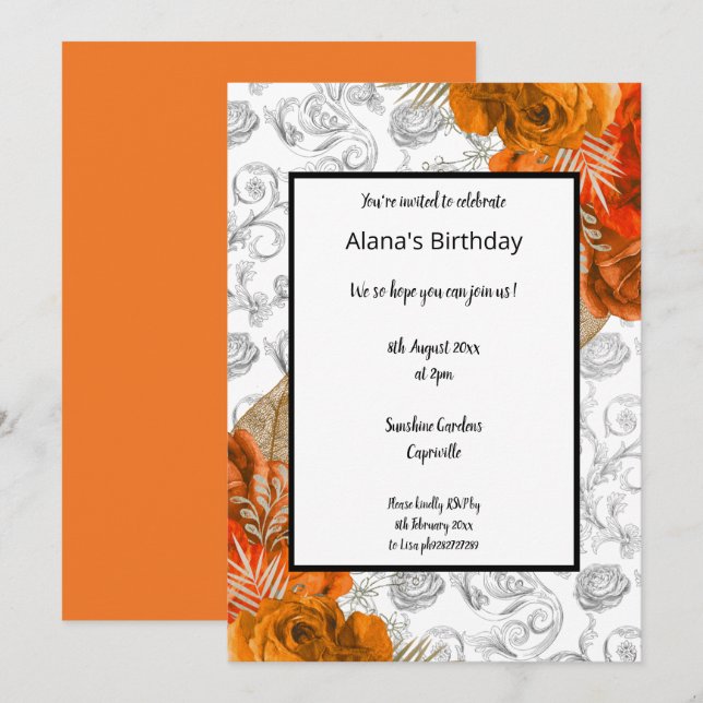 Invitación Naranja Borde Rojo Floral Elegante cumpleaños (Anverso / Reverso)
