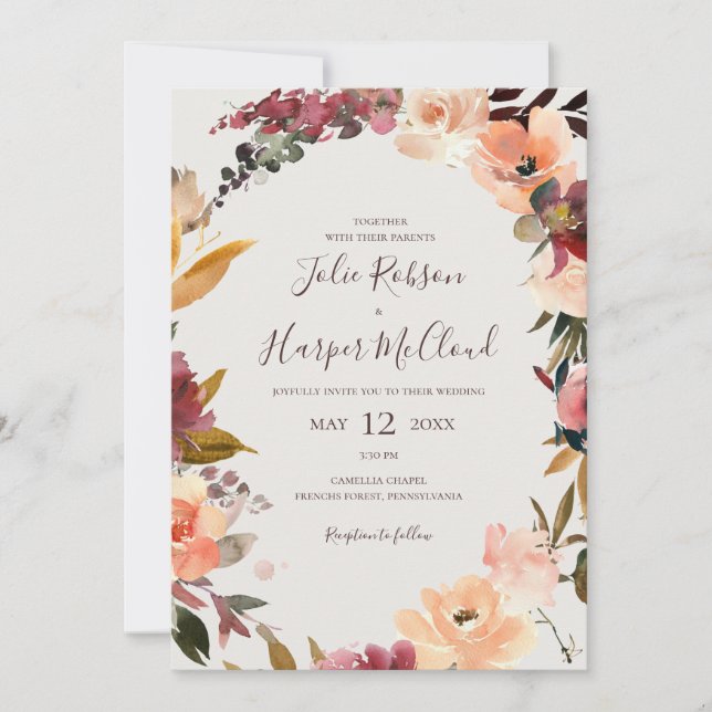 Invitación Naranja Borgoña Floral | Beige All In One Boda (Anverso)