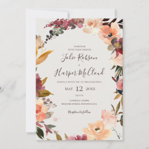 Invitación Naranja Borgoña Floral   Beige All In One Boda