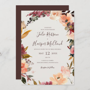 Invitación Naranja Borgoña Floral Boda Beige-Casual