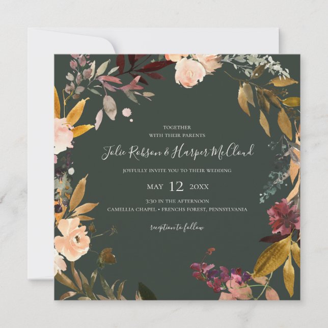 Invitación Naranja Borgoña Floral | Boda de la Plaza Verde (Anverso)