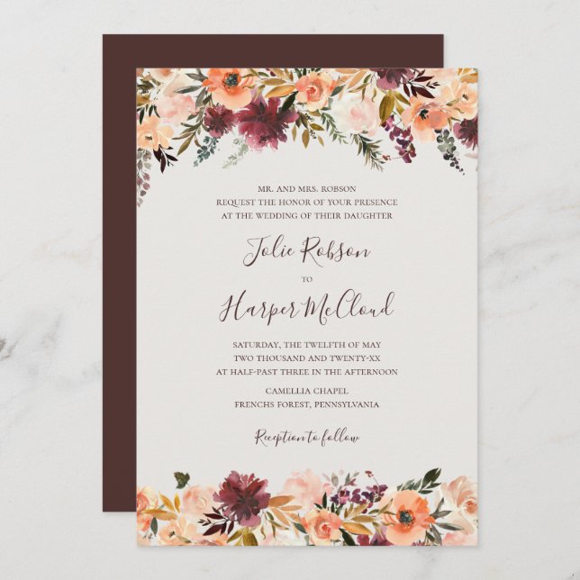 Invitación Naranja Borgoña Floral | Boda tradicional beige (Anverso / Reverso)