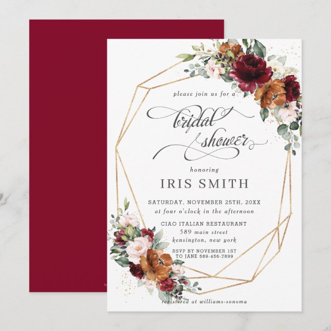 Invitación Naranja Borgoña Floral Bridal Shower Geométrica (Anverso / Reverso)
