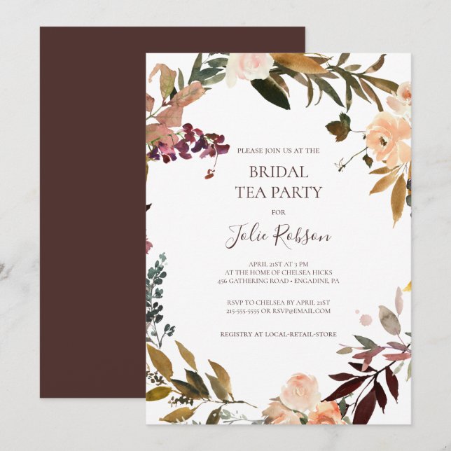 Invitación Naranja Borgoña Floral Bridal Tea Fiesta (Anverso / Reverso)