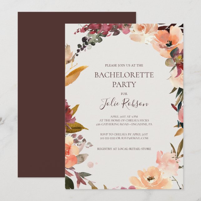 Invitación Naranja Borgoña Floral | Fiesta de Bachelorette Be (Anverso / Reverso)