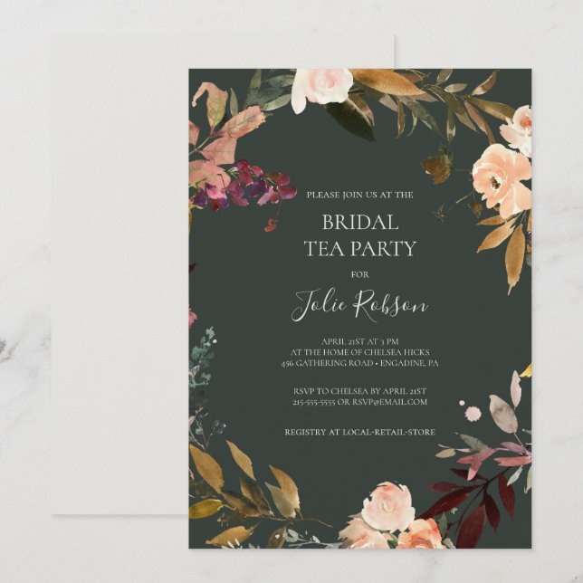 Invitación Naranja Borgoña Floral | Fiesta del té de novia ve (Anverso / Reverso)