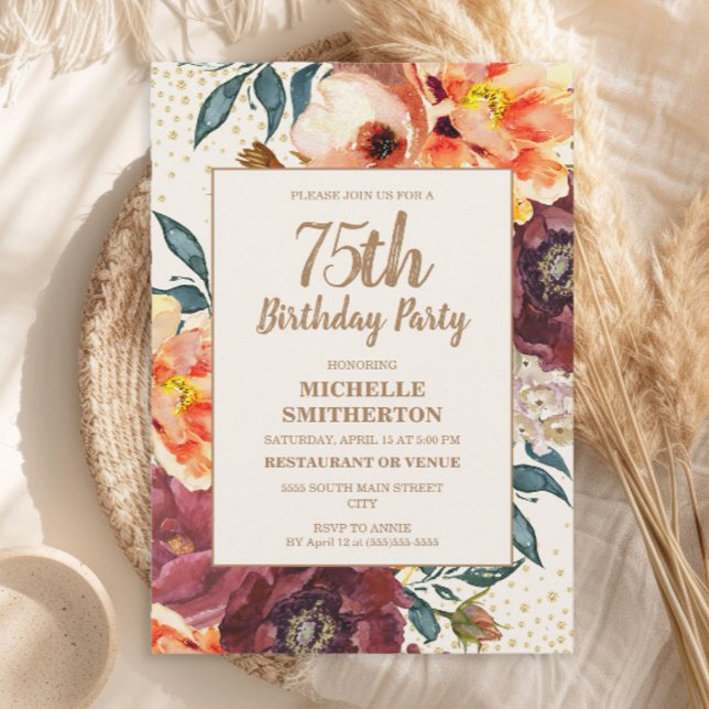 Invitación Naranja Borgoña Floral Gold Purpurina 75 cumpleaño (Orange and burgundy watercolor floral and gold glitter 75th birthday party invitation)