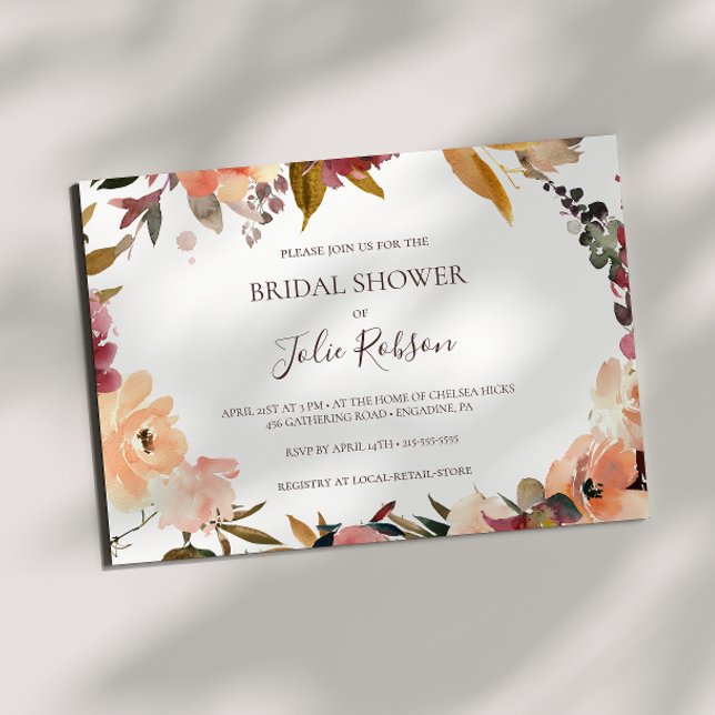 Invitación Naranja Borgoña Floral Horizontal Bridal Shower (Subido por el creador)