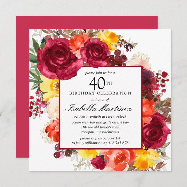 Invitación Naranja Borgoña Floral Rosa Amarilla 40 cumpleaños (Anverso / Reverso)