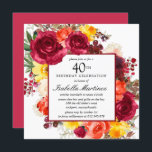 Invitación Naranja Borgoña Floral Rosa Amarilla 40 cumpleaños<br><div class="desc">Honra a una persona especial con esta elegante invitación de fiesta de cumpleaños número 40. Las flores caídas crean una hermosa corona de agua.</div>