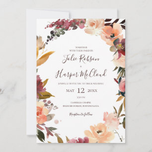 Invitación Naranja Borgoña Floral Todo En Un Boda