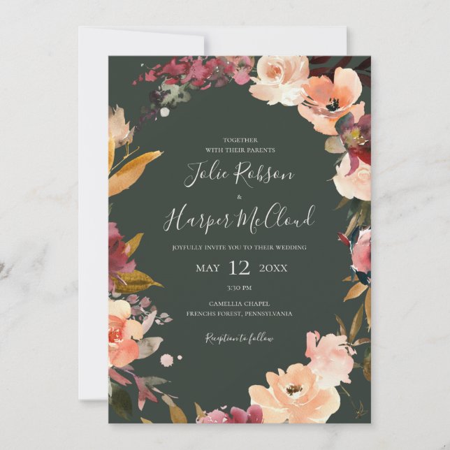 Invitación Naranja Borgoña Floral | Verde Todo En Un Boda (Anverso)