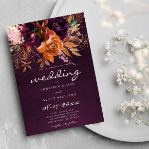 Invitación Naranja Borgoña oro rosa flor otoño boda