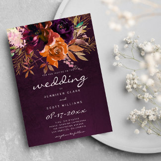 Invitación Naranja Borgoña oro rosa flor otoño boda