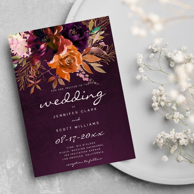 Invitación Naranja Borgoña oro rosa flor otoño boda (Burgundy orange pink gold floral fall wedding invitation)