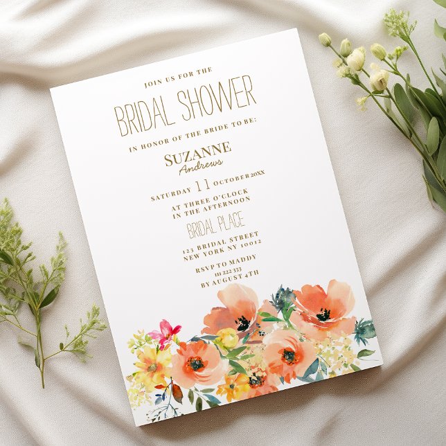 Invitación Naranja botánico amarillo rosa floral Bridal Showe (Botanic orange yellow pink floral Bridal Shower)