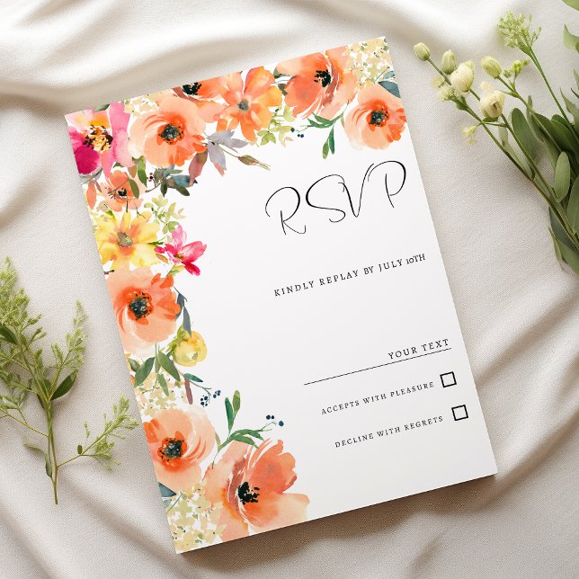 Invitación Naranja botánico amarillo rosa verano floral RSVP (Botanic orange yellow pink summer floral RSVP)