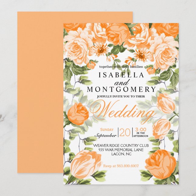 Invitación Naranja botánico Boda floral (Anverso / Reverso)