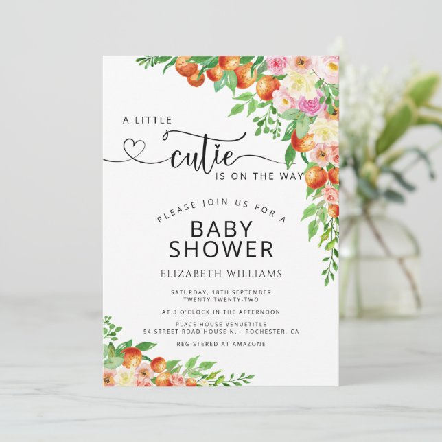 Invitación Naranja botánico Cutie Citrus Baby Shower (Anverso de pie)