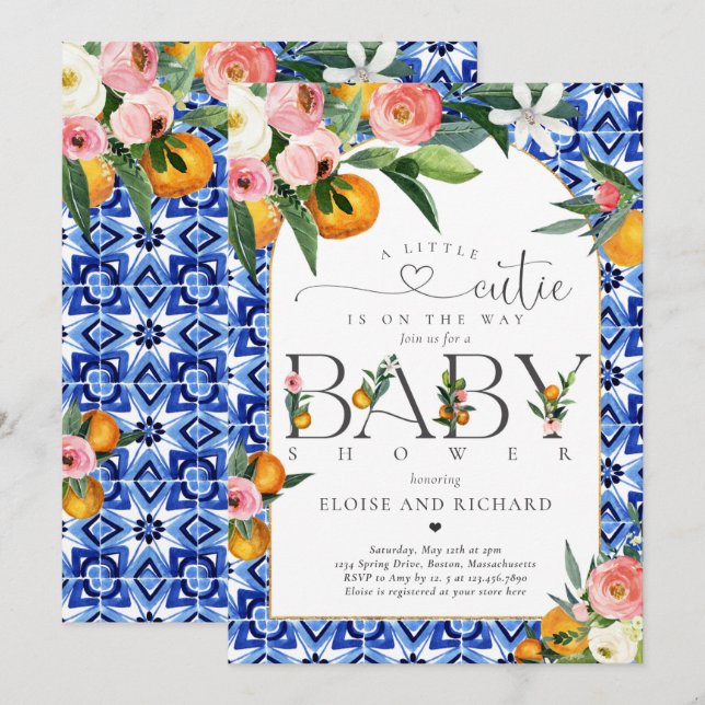 Invitación Naranja botánico Cutie Citrus Baby Shower (Anverso / Reverso)