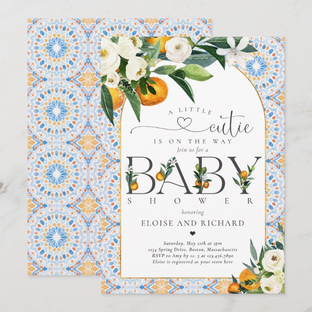 Invitación Naranja botánico Cutie Citrus Baby Shower (Anverso / Reverso)