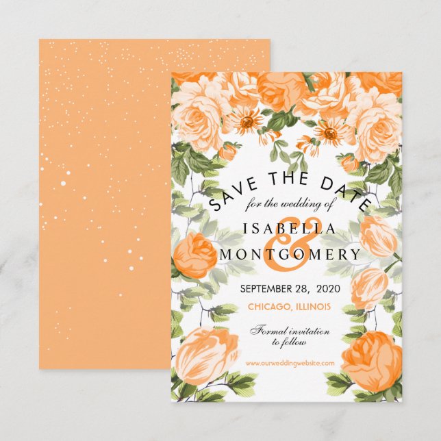 Invitación Naranja botánico Floral - Guardar la fecha (Anverso / Reverso)