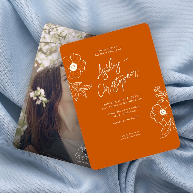 Invitación Naranja Botánico Mínimo Floral Boda fotográfico (Subido por el creador)