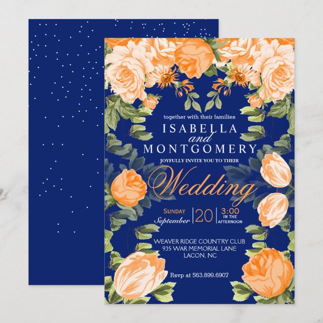 Invitación Naranja botánico y Boda floral azul de la Marina (Anverso / Reverso)