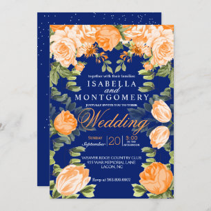 Invitación Naranja botánico y Boda floral azul de la Marina