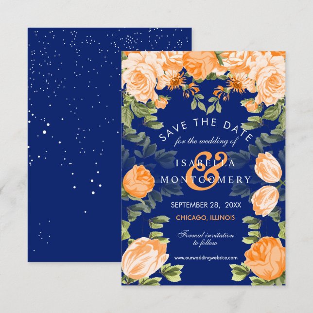 Invitación Naranja botánico y floral azul de la marina (Anverso / Reverso)