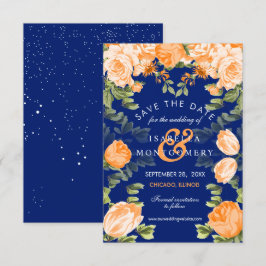 Invitación Naranja botánico y floral azul de la marina
