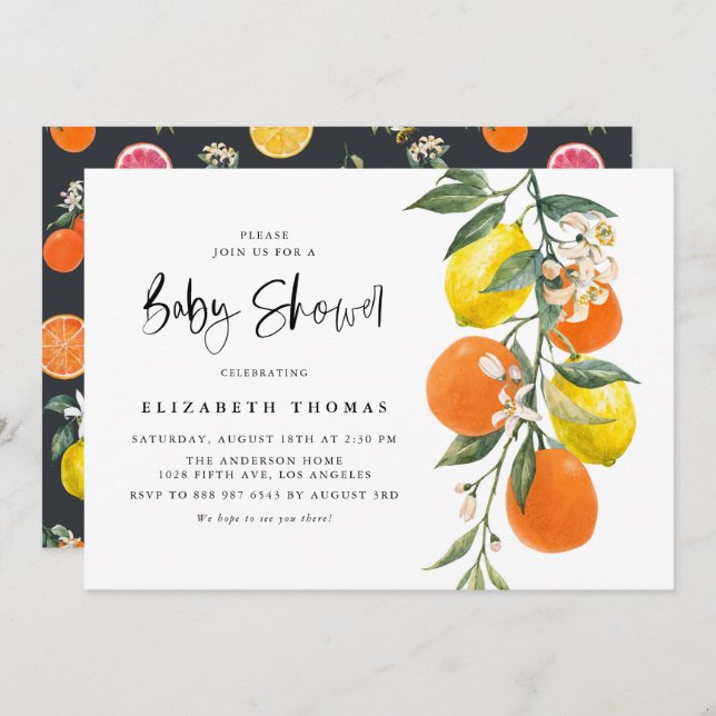 Invitación Naranja botánico y Lemon Garland Baby Shower (Anverso / Reverso)