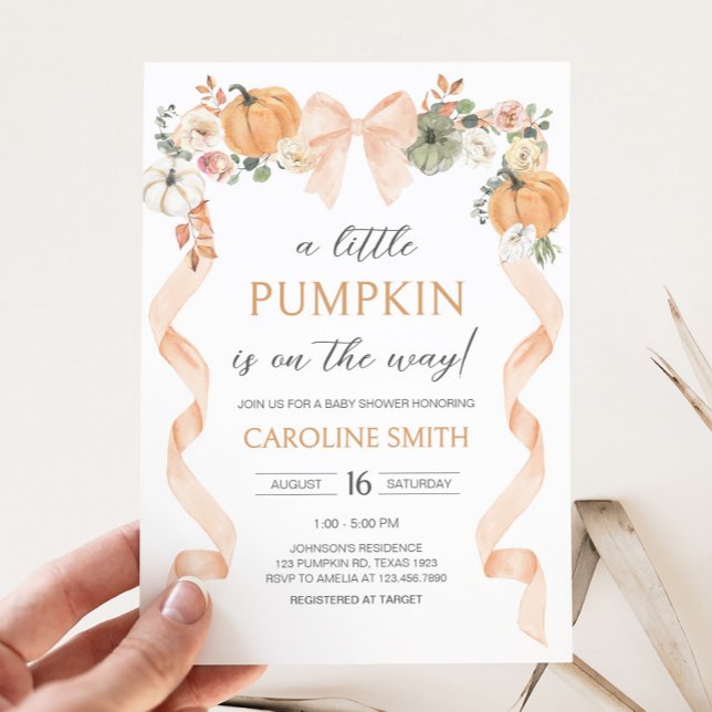 Invitación Naranja Bow Pumpkin Baby Shower (Orange Bow Little Pumpkin Baby Shower Invitation)