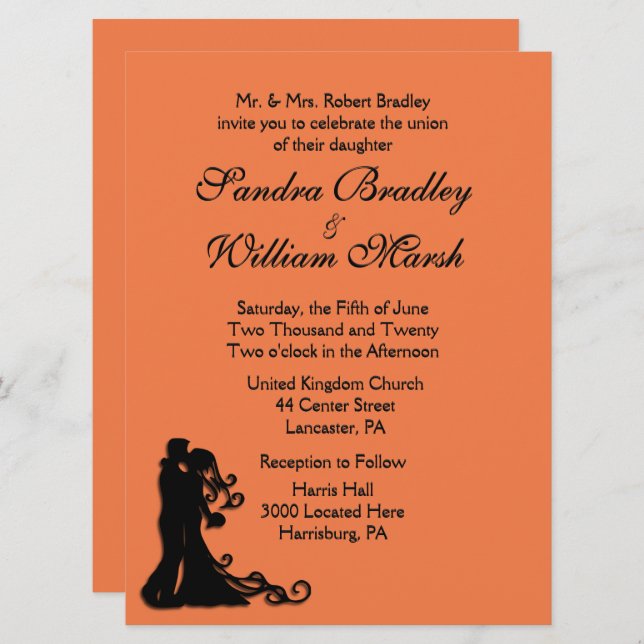 Invitación Naranja Bride y Groom (Anverso / Reverso)