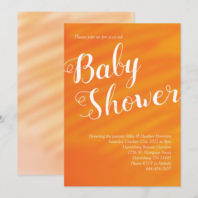 Invitación Naranja Brillante Baby Shower Género Neutral Co-Ed (Anverso / Reverso)