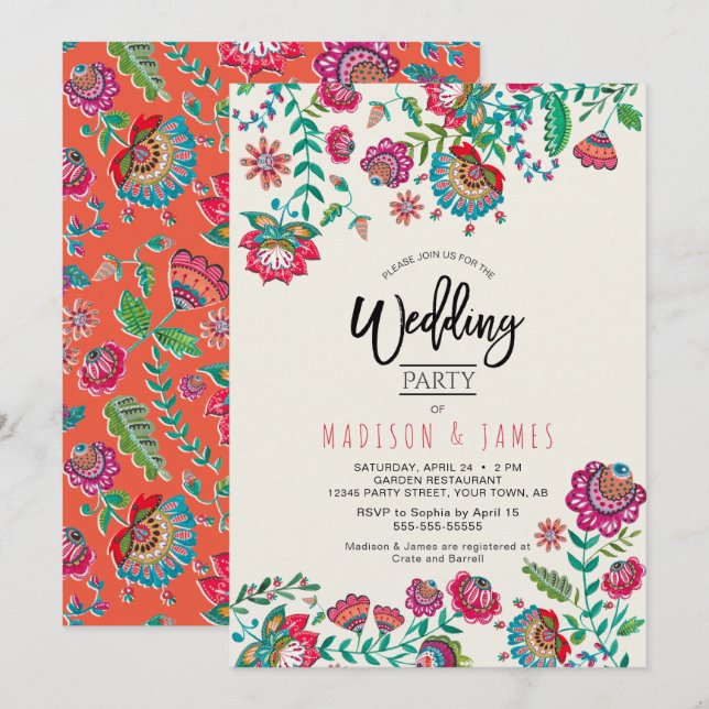 Invitación Naranja brillante boda de flores folk floral (Anverso / Reverso)