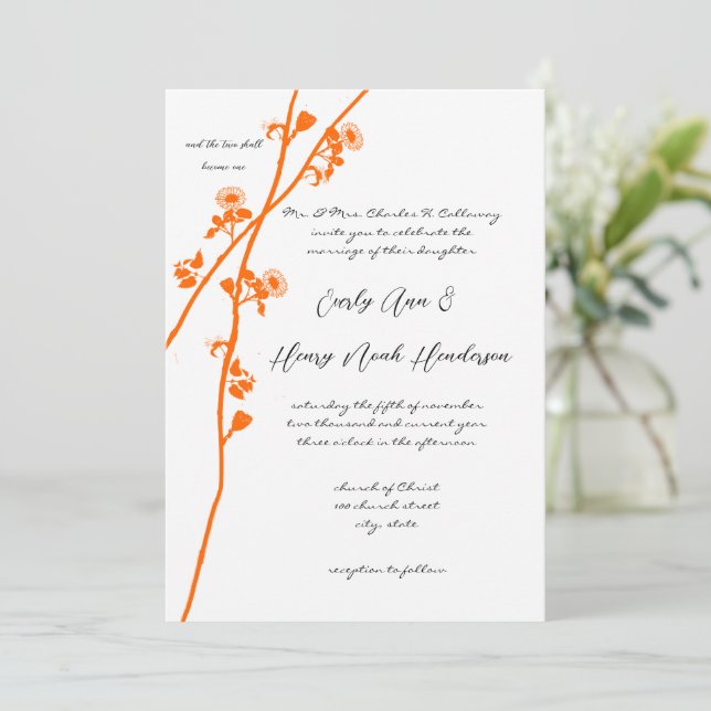 Invitación Naranja brillante Boda de rama de flores silvestre (Anverso de pie)