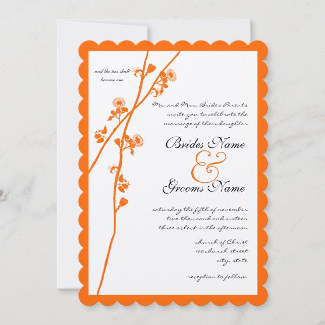Invitación Naranja brillante Boda de rama de flores silvestre (Anverso)
