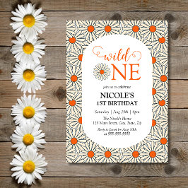 Invitación Naranja brillante Daisies Chica Floral Primer cump