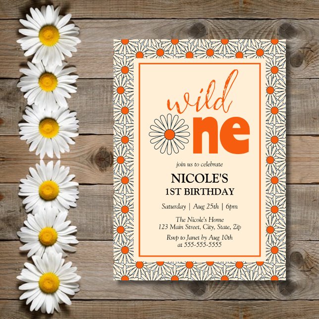 Invitación Naranja brillante Daisies Chica Wild One 1er cumpl (Subido por el creador)