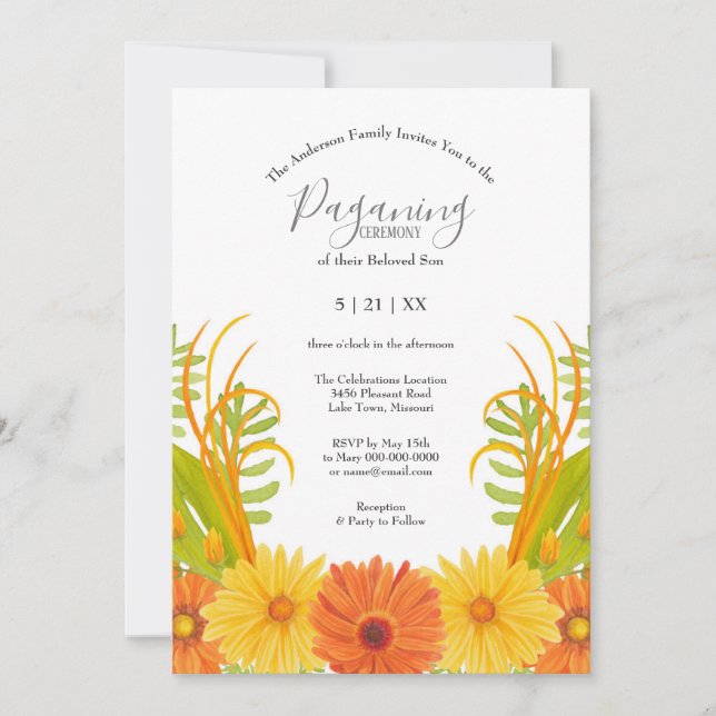 Invitación Naranja brillante Daisy Ceremonia de Pagado de Niñ (Anverso)