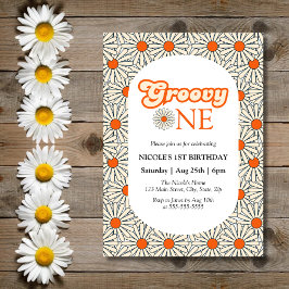 Invitación Naranja brillante Daisy Floral Groovy Primer cumpl
