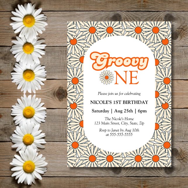 Invitación Naranja brillante Daisy Floral Groovy Primer cumpl (Subido por el creador)