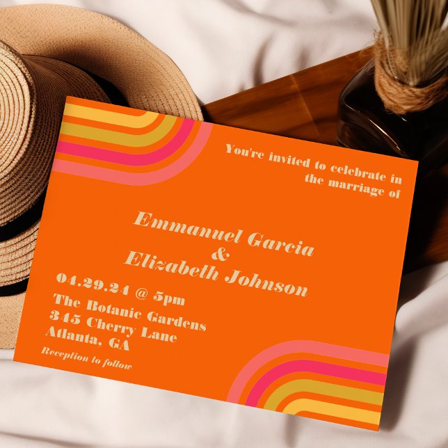 Invitación naranja brillante estilo años 70 Boda retro rosado (Subido por el creador)