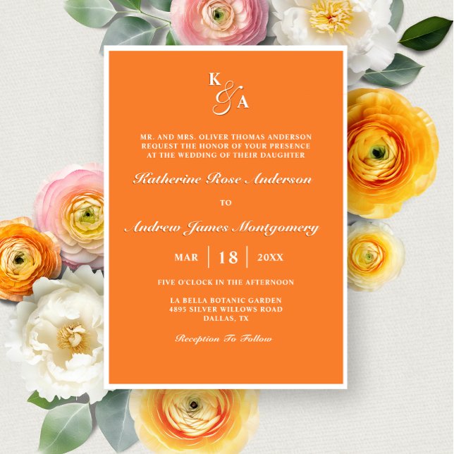 Invitación Naranja brillante moderno Monograma Boda Minimalis (Subido por el creador)
