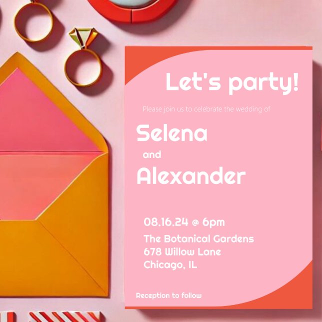 Invitación Naranja brillante retro audaz y Boda rosa (Subido por el creador)
