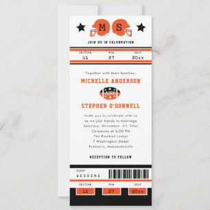 Invitación Naranja brillante y Boda de boletos de fútbol negr