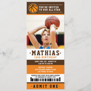 Invitación Naranja Brown Baloncesto en boleto Foto de cumplea